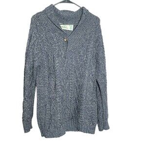 Aran Crafts Women Merino Wool Cable Knit Pullover Sweater Sz M Blue Shawl Neck